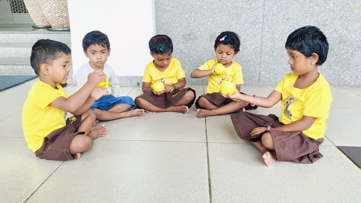 The activity “Ball Pressing” was conducted in the kindergarten to improve the child’s hand movement.