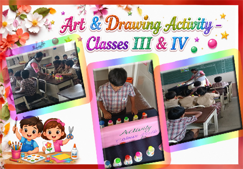 The students of Classes III and IV enthusiastically participated in a fun Art & Drawing activity. They attempted to place coloured balls into paper cups on the opposite side without seeing them, relying on their judgment and estimation. The activity enhanced their concentration, hand-eye coordination, and problem-solving skills. The children actively participated and enjoyed the challenge.