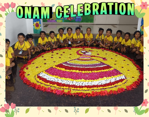 The children from LKG A to UKG C celebrated the vibrant festival of Onam with great enthusiasm and joy. They brought fresh flowers and participated enthusiastically in creating a beautiful Pookalam. The celebration provided a wonderful opportunity for the children to learn about the traditions and cultural significance of Onam while enjoying a cheerful and memorable experience together.
